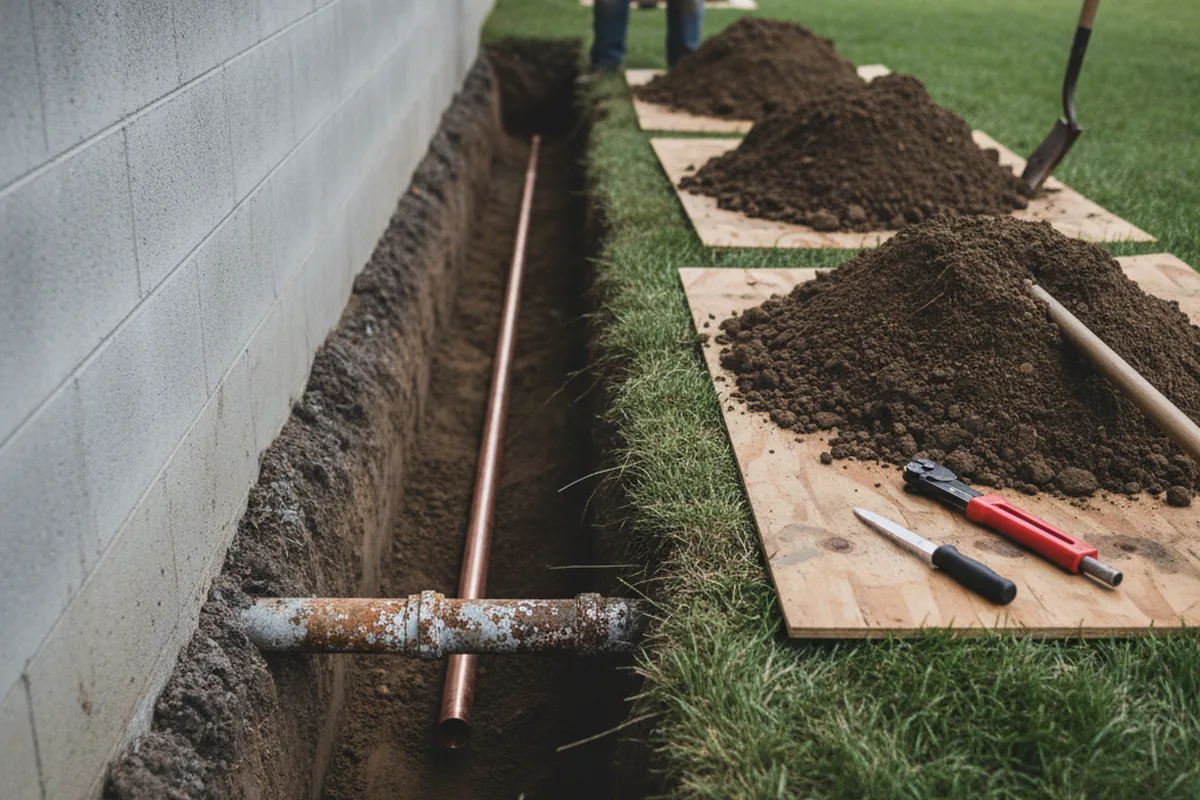 Excavated water line trench during Sewer Line Repair in Needham Heights